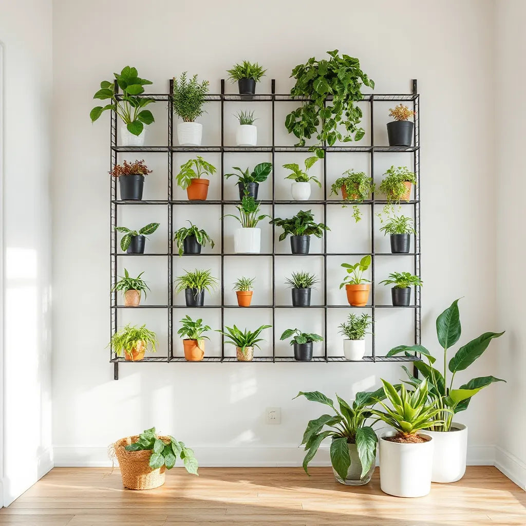 Modulares Pflanzensystem im Innenraum mit mehreren grünen Zimmerpflanzen in einzelnen Töpfen