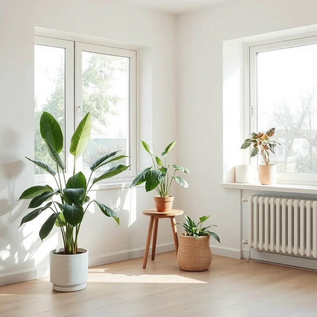 Mehrere Zimmerpflanzen mit passendem Standort an Fenster und im Raum, sichtbar bei Tageslicht
