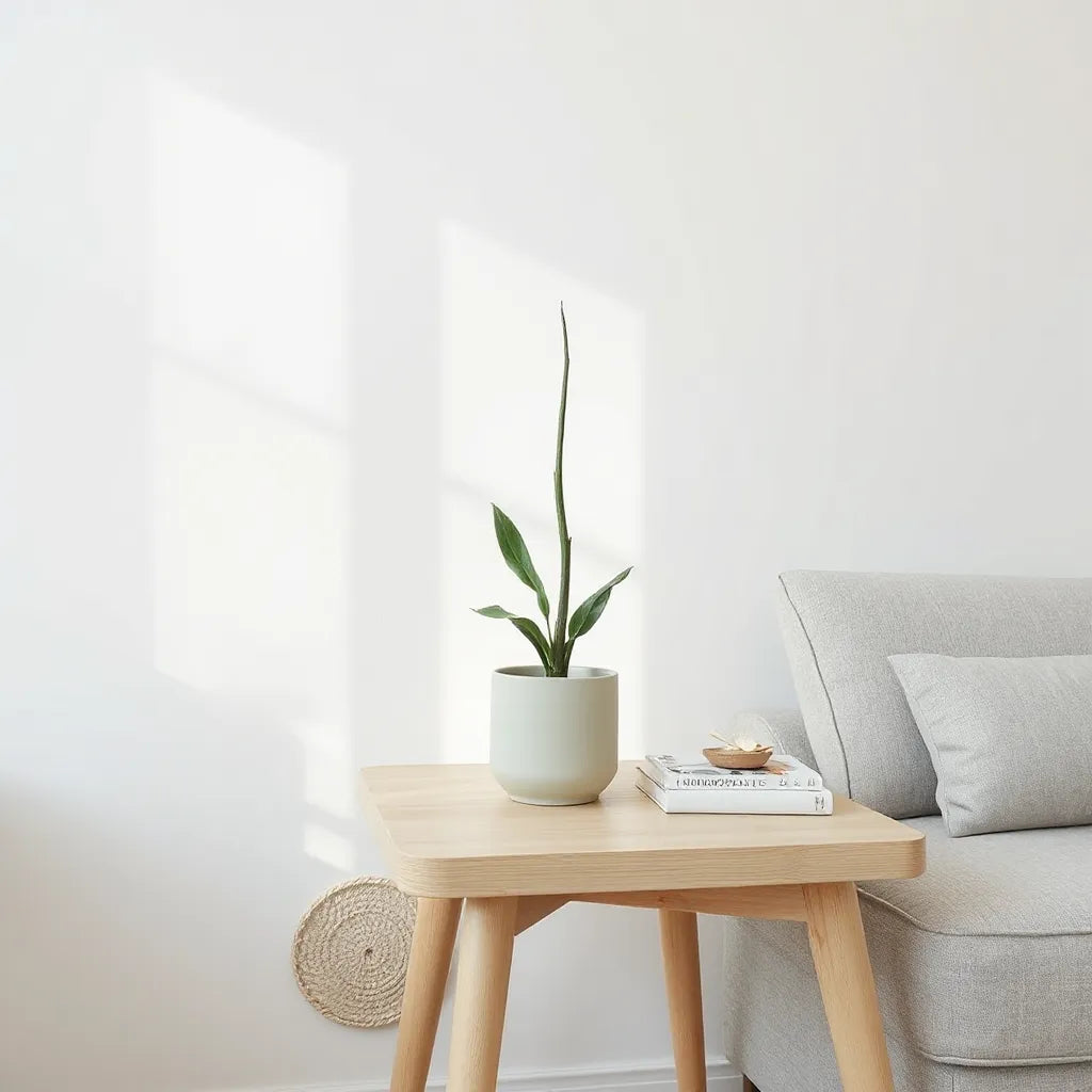 Einzelne Zimmerpflanze in schlichter Keramikvase auf hellem Holztisch in heller minimalistischer Wohnzimmerecke