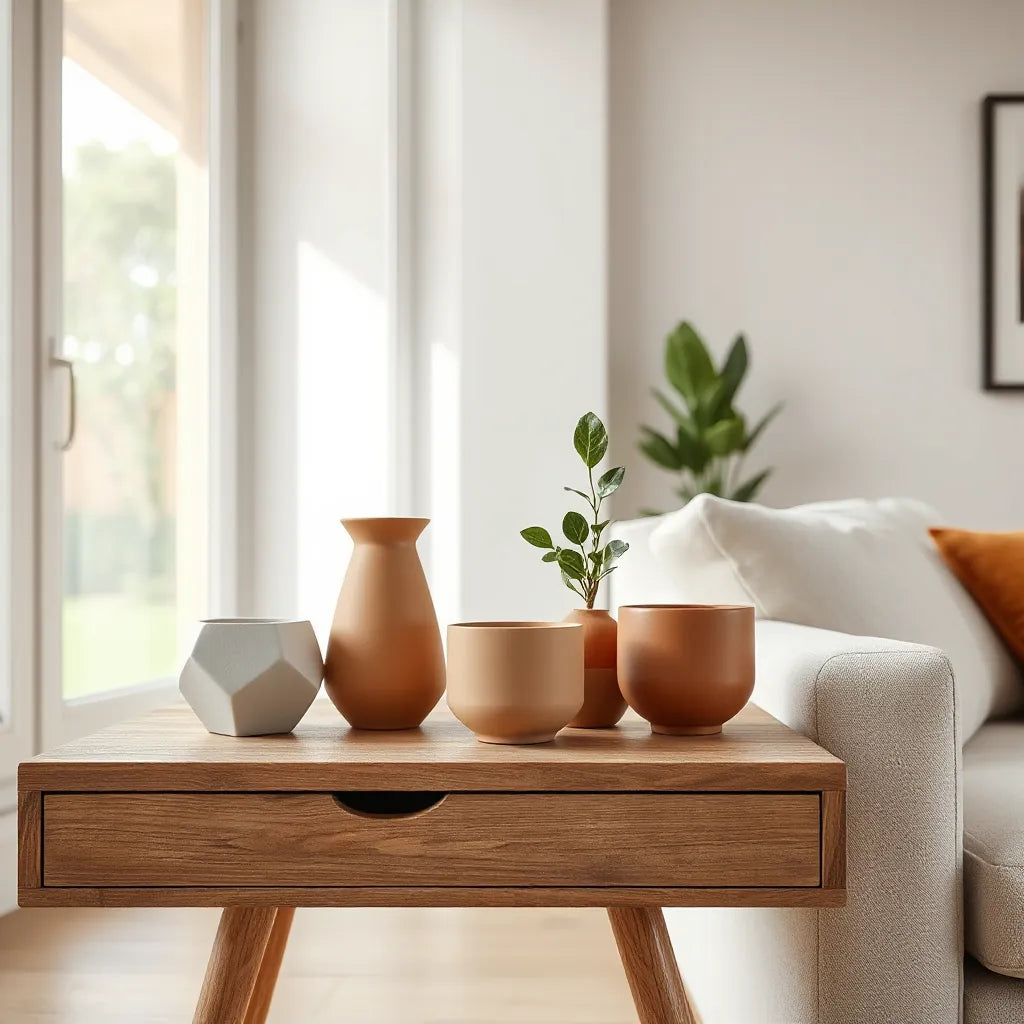 Moderne Blumentöpfe in neutralen Farben mit einer grünen Zimmerpflanze auf einem Holzbeistelltisch