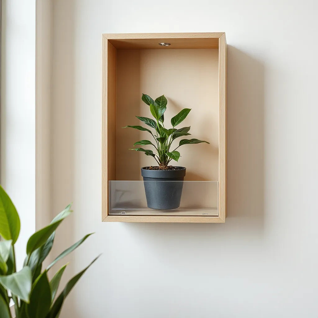 Wandmontierter Blumentopf mit Tropfschale und grüner Zimmerpflanze an heller Wand