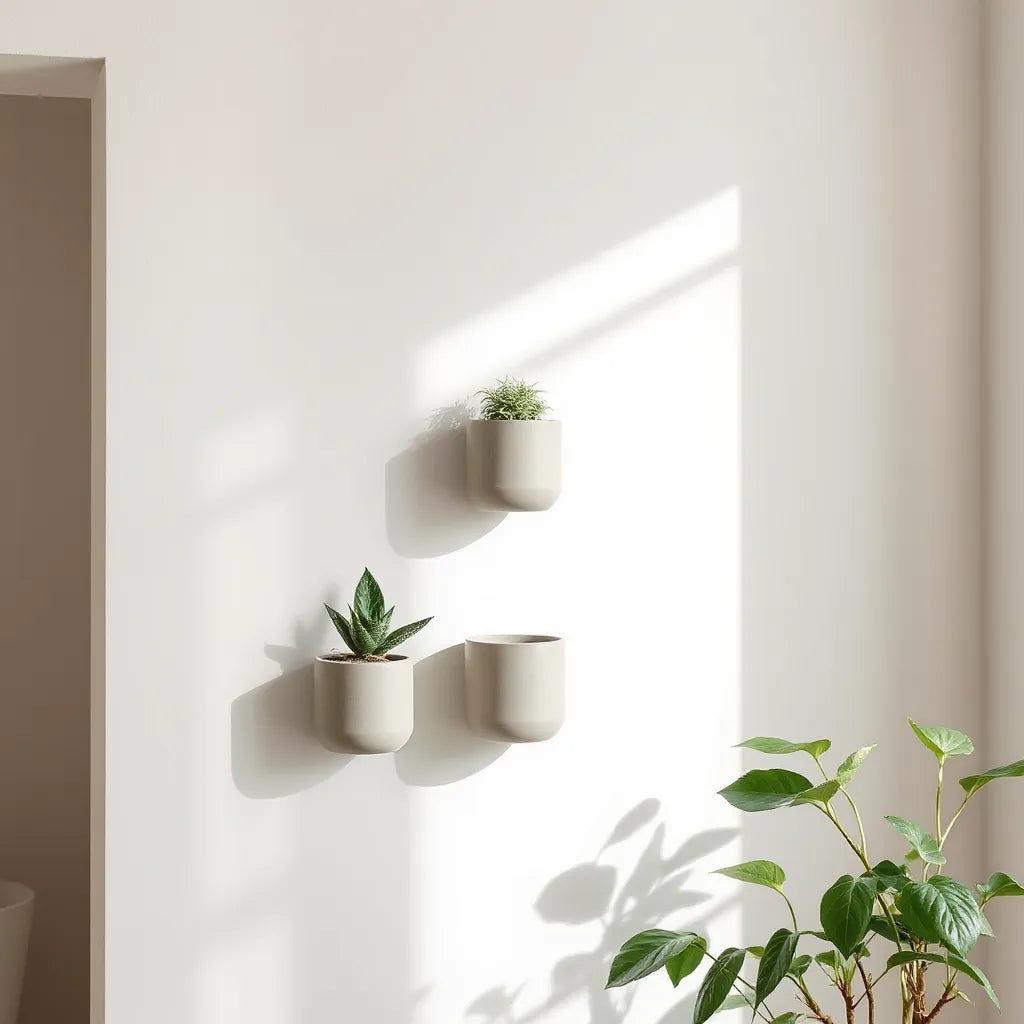 Minimalistische wandmontierte Blumentöpfe mit kleinen Zimmerpflanzen in ruhigem, hellem Raum.