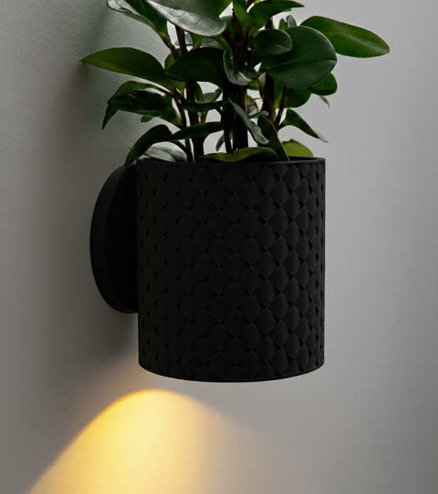 Evoliv Quilted Light Schwarz– Wandblumentopf mit LED & Tropfschale – von Evoliv