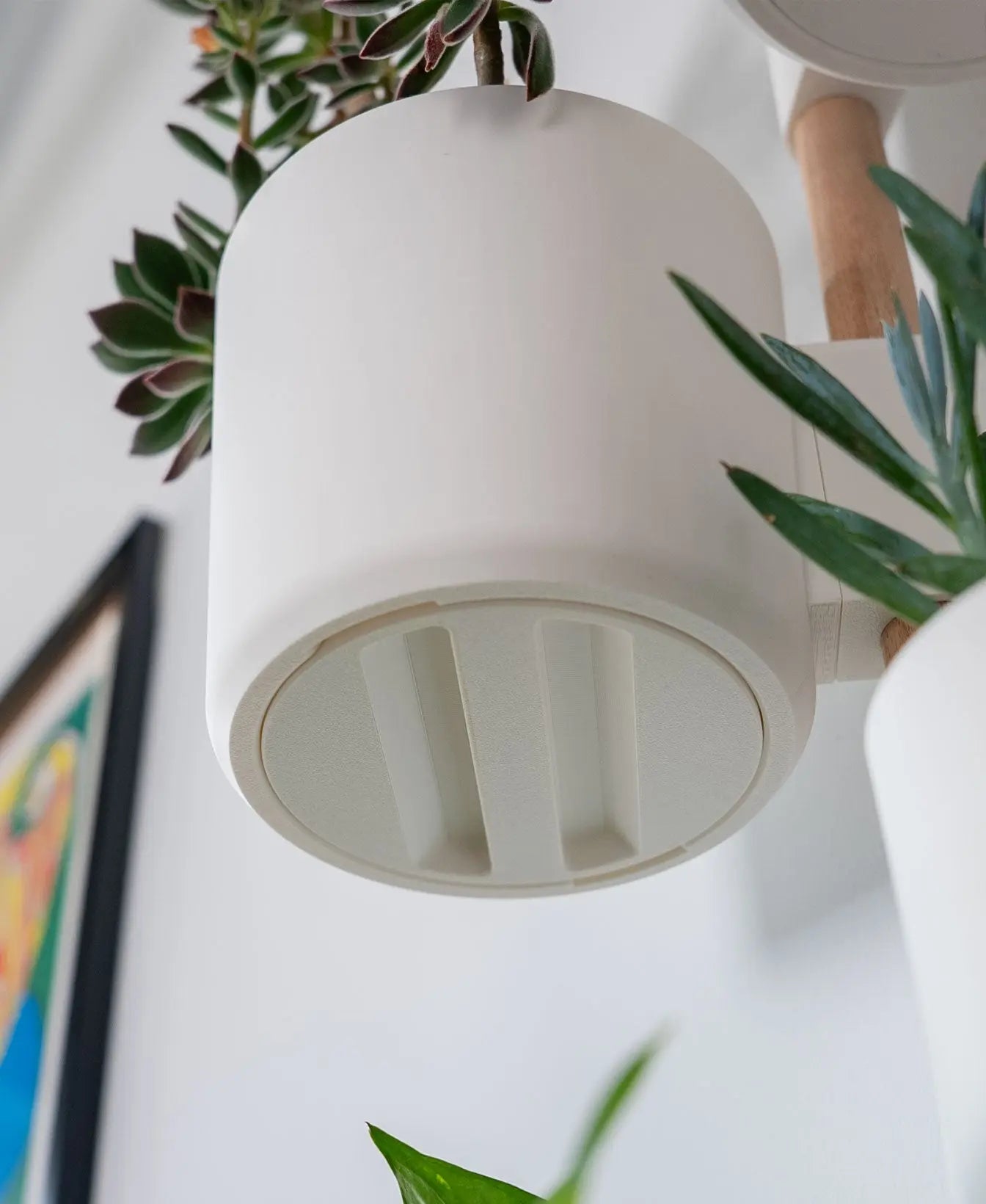 Weisser Evoliv Wandblumentopf mit integriertem Drainage-System an modularer Holzschiene für vertikale Pflanzenhalterung.