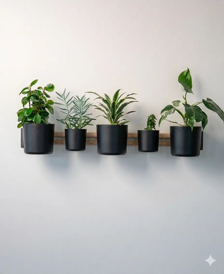 Schwarze modulare Wandhalterung für Pflanzen mit horizontaler Design-Schiene und mehreren Wandpflanzgefässen für Zimmerpflanzen im Innenbereich.