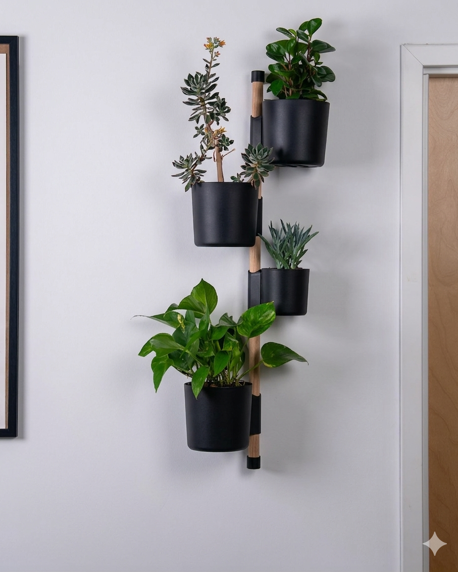 Schwarze modulare Wandhalterung für Pflanzen mit vertikaler Design-Schiene und mehreren Wandpflanzgefässen für Zimmerpflanzen im Innenbereich.