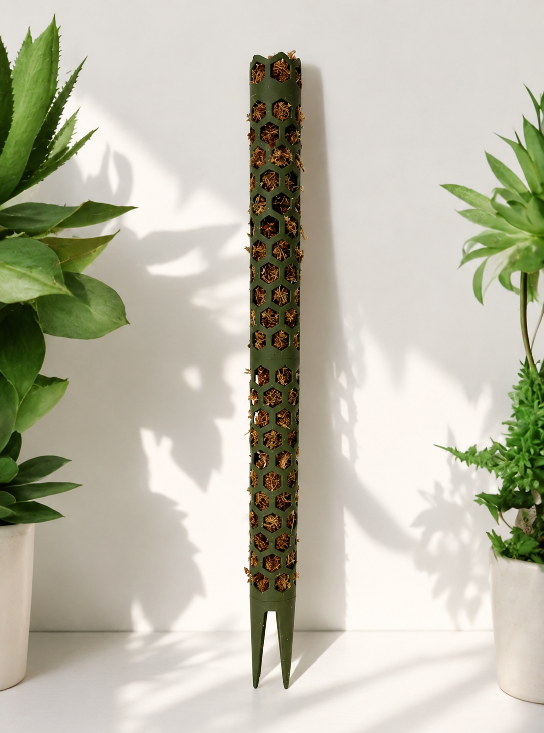Olivgrüne Pflanzenstütze mit Wabenstruktur und Moosfüllung für Kletter- und Rankpflanzen. Stabiler Moosstab mit Erdanker zur Unterstützung des natürlichen Wachstums von Monstera, Philodendron und anderen Zimmerpflanzen.