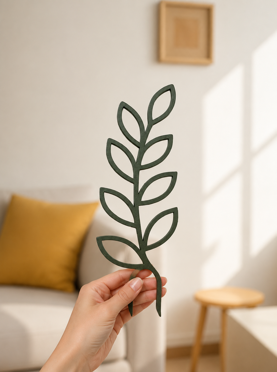 Pflanzenstütze Leaf in Olivgrün mit stilisiertem Blätterdesign. Dekorative Rankhilfe für Zimmerpflanzen zur Unterstützung von Kletter- und Rankpflanzen und als natürlicher Blickfang im Wohnraum.