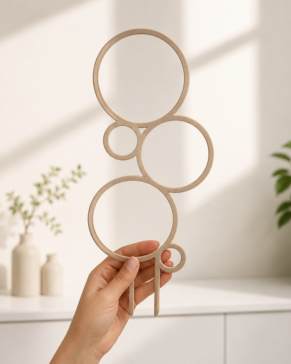 Pflanzenstütze Orbit in Beige mit modernem Kreismuster. Dekorative Rankhilfe für Zimmerpflanzen zur Unterstützung von Kletter- und Rankpflanzen und als stilvoller Blickfang im Wohnraum.