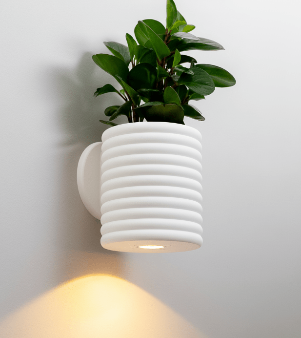 Wandblumentopf Weiss „Poppy Light“ mit LED - Beleuchtung & Tropfschale – Schweizer Design – von Evoliv