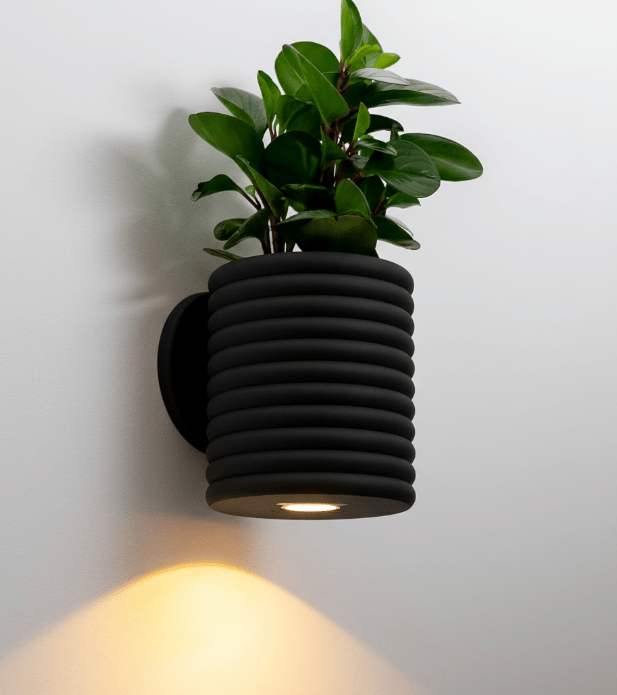 Wandblumentopf Schwarz „Poppy Light“ mit LED - Beleuchtung & Tropfschale – Schweizer Design – von Evoliv