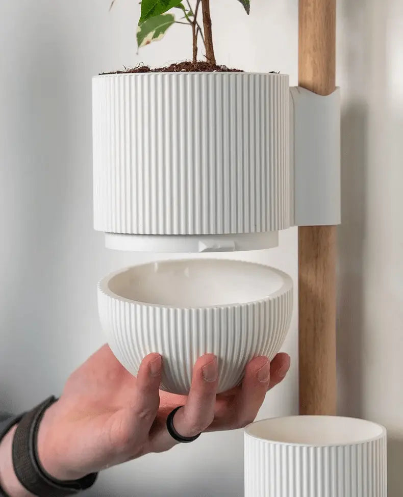 Weisses Wandpflanzgefäss mit abnehmbarer Tropfschale an modularer Pflanzenhalterung – praktisches System für Zimmerpflanzen im Innenbereich.